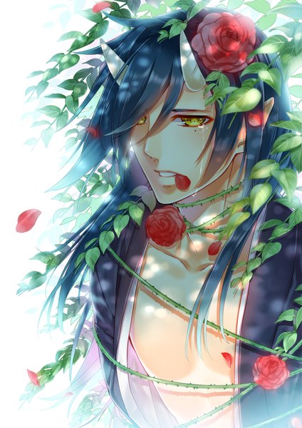 Anime picture 2480x3508 with original mizuki seiya long hair tall image looking at viewer highres white background yellow eyes blue hair traditional clothes horn (horns) pointy ears tears demon boy flower (flowers) petals rose (roses) leaf (leaves) open kimono