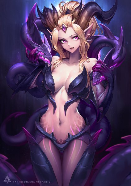 イラスト 905x1280 と league of legends zyra (league of legends) oopartz (grooooovy) ソロ 長髪 長身像 おっぱい 開いた口 light erotic 金髪 大きな乳房 looking away ピンク目 角 エルフ耳 thigh gap 竜娘 女の子 手袋 へそ