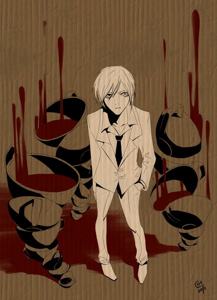 Anime picture 800x1102 with are you alice alice (are you alice) single tall image looking at viewer short hair blonde hair standing monochrome looking up hand in pocket boy shirt necktie pants suit cup blazer teacup