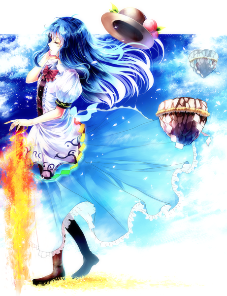 Anime picture 1000x1300 with touhou hinanawi tenshi kotonoman single long hair tall image blue hair eyes closed wind walking rock girl dress weapon hat sword boots fruit flame peach