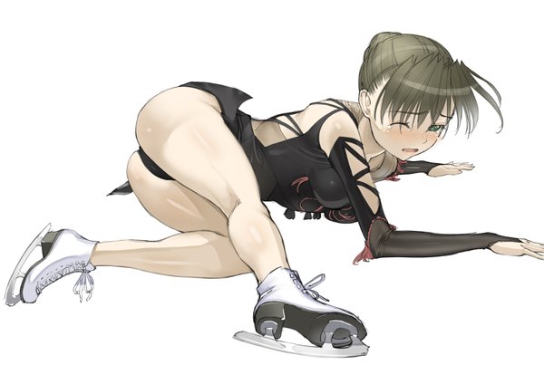Anime picture 1637x1158 with original nakabayashi reimei single blush short hair open mouth simple background brown hair white background green eyes one eye closed wink tears girl suit skates