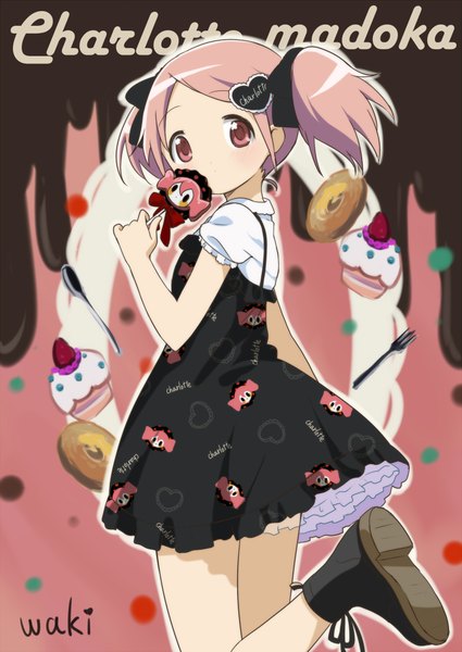 Anime picture 1500x2118 with mahou shoujo madoka magica shaft (studio) charlotte (madoka magica) momoe nagisa neki (wakiko) single tall image short hair red eyes twintails signed pink hair bent knee (knees) character names short twintails girl dress hair ornament food shoes