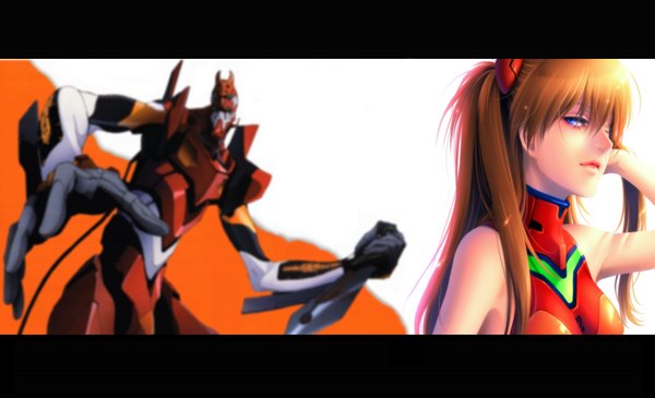 Anime picture 2000x1217 with neon genesis evangelion gainax soryu asuka langley long hair highres blue eyes brown hair wide image sleeveless letterboxed girl mecha