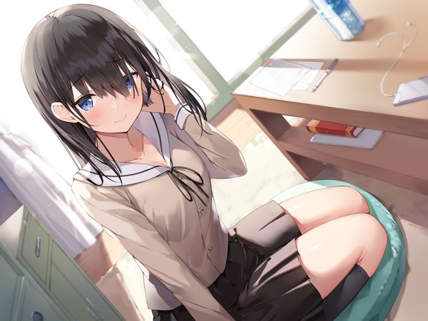 Anime picture 3200x2400 with original ale nqki single long hair looking at viewer blush fringe highres breasts blue eyes black hair smile hair between eyes sitting absurdres bent knee (knees) indoors long sleeves from above sunlight