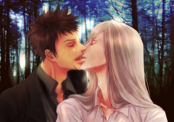 Anime picture 1447x1020 with katekyou hitman reborn yamamoto takeshi sechs long hair short hair silver hair eyes closed lips multiple boys open collar kiss shounen ai boy plant (plants) shirt tree (trees) 2 boys