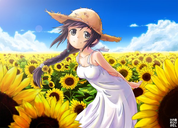 Anime picture 1500x1080 with original harousel single long hair looking at viewer smile bare shoulders sky cloud (clouds) black eyes hands behind back girl dress hat straw hat sunflower