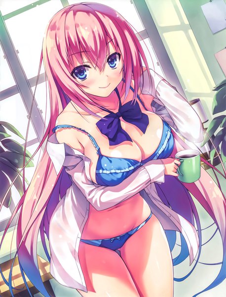 Anime picture 5276x6911 with youkoso jitsuryoku shijou shugi no kyoushitsu e ichinose honami (youjitsu) tomose shunsaku single long hair tall image looking at viewer blush fringe highres breasts blue eyes light erotic smile hair between eyes large breasts bare shoulders holding pink hair absurdres