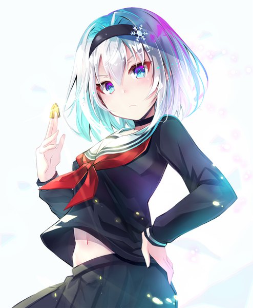 Anime picture 1000x1214 with ryuuou no oshigoto! sora ginko sho (runatic moon) single tall image looking at viewer fringe short hair blue eyes hair between eyes holding silver hair upper body bare belly from below hand on hip snowing girl navel uniform