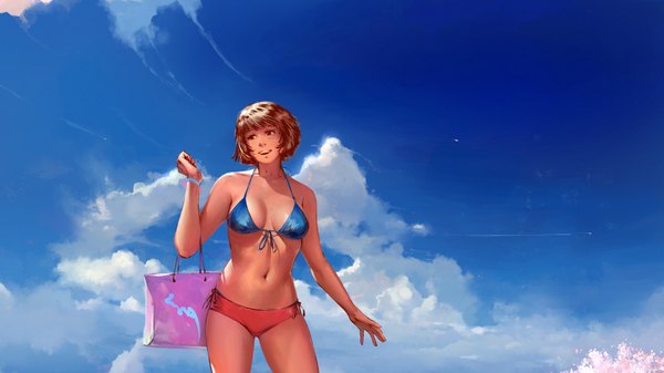 Anime picture 1920x1080 with original agnidevi (artist) single highres short hair open mouth smile brown hair wide image brown eyes sky cloud (clouds) bare belly happy girl navel swimsuit bikini bag