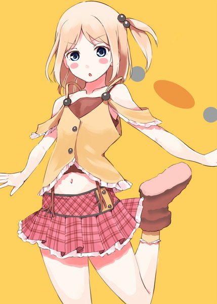 Anime picture 855x1196 with original asterism single tall image looking at viewer blush short hair blue eyes simple background blonde hair :o one side up leg up girl skirt hair ornament miniskirt boots vest