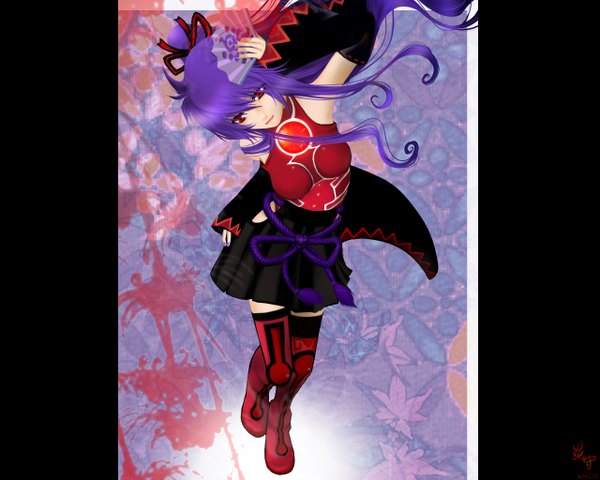 Anime picture 1280x1024 with vocaloid gakuko single long hair smile red eyes bare shoulders purple hair ponytail head tilt zettai ryouiki genderswap girl skirt ribbon (ribbons) hair ribbon detached sleeves boots belt thigh boots