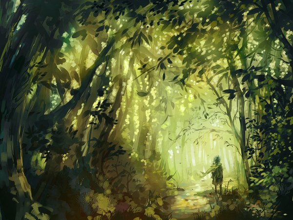 Anime picture 1200x900 with original nuriko-kun (artist) single standing green hair wind back landscape green background boy plant (plants) tree (trees) jacket shorts scarf leaf (leaves) forest path