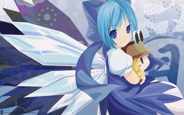 Anime picture 2560x1600 with touhou cirno moriya suwako highres wide image signed blue hair vector girl
