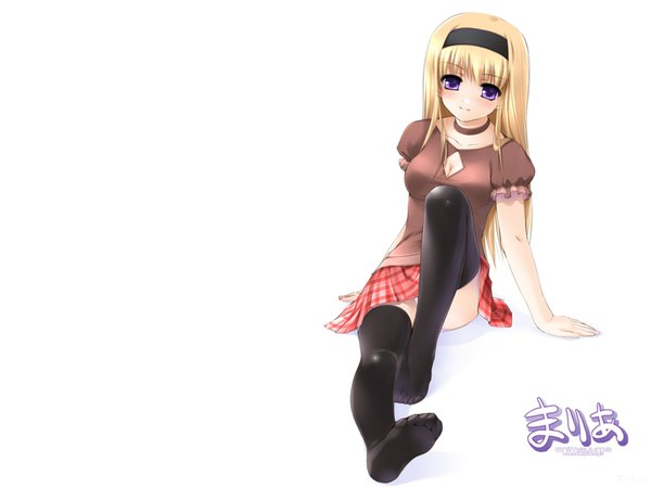 Anime picture 1600x1200 with hayate no gotoku! maria (hayate no gotoku!) ooji (artist) single long hair looking at viewer fringe simple background blonde hair white background sitting purple eyes full body arm support no shoes text hieroglyph pantyshot sitting cleavage cutout girl