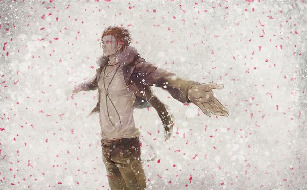 Anime picture 1400x868 with k-project gohands (studio) mikoto suoh motsu (fujimoto) single short hair wide image looking away pink eyes orange hair open clothes open jacket snowing spread arms winter boy choker jacket pants confetti