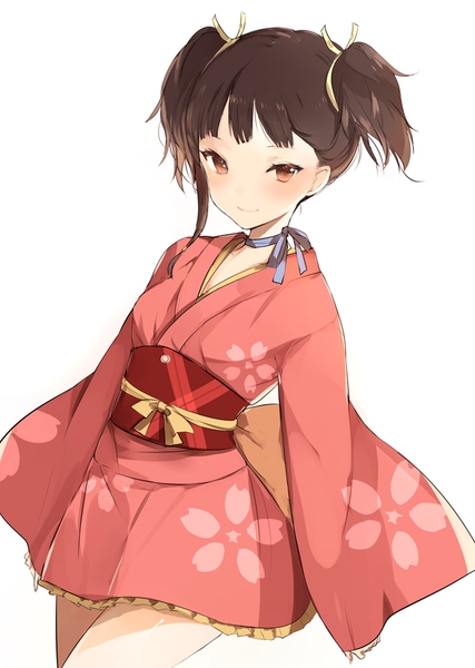 Anime picture 650x914 with koutetsujou no kabaneri wit studio mumei (kabaneri) lpip single tall image looking at viewer blush fringe short hair breasts simple background smile brown hair standing white background twintails traditional clothes japanese clothes wide sleeves