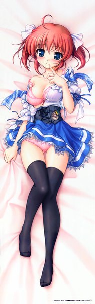 Anime picture 2354x7469 with daitoshokan no hitsujikai kodachi nagi bekkankou single tall image looking at viewer blush highres short hair blue eyes light erotic full body red hair light smile dakimakura (medium) girl thighhighs dress underwear panties