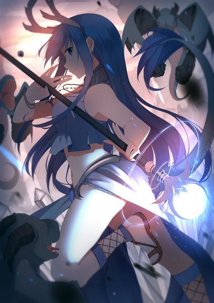 Anime picture 800x1131 with original riki-to single long hair tall image looking at viewer fringe blue eyes light erotic smile bare shoulders blue hair bent knee (knees) profile horn (horns) magic girl earrings crop top staff