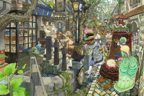 Anime picture 1800x1202 with original mushiyoshi highres city detailed victorian dress hat animal cat clock stairs pocket watch picture horse crowd