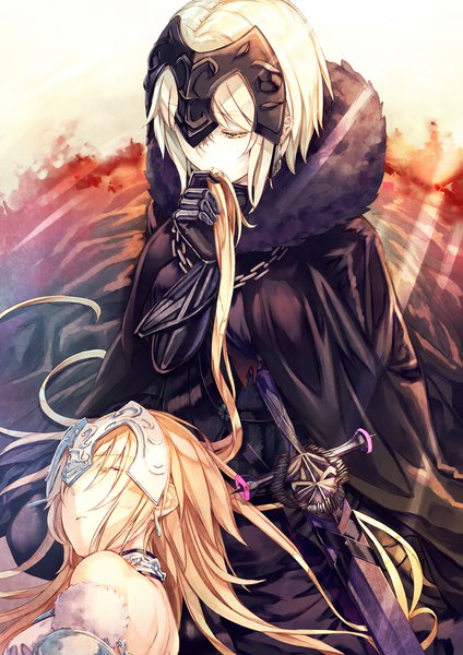 Anime picture 1447x2046 with fate (series) fate/grand order fate/apocrypha jeanne d'arc (fate) (all) jeanne d'arc alter (fate) jeanne d'arc (fate) saijou haruki long hair tall image short hair blonde hair multiple girls yellow eyes eyes closed from above fur trim looking down holding hair girl weapon