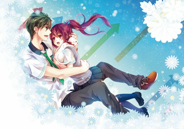 Anime picture 1182x834 with free! kyoto animation tachibana makoto matsuoka gou momoko (momoko14) long hair short hair open mouth red eyes brown hair ponytail red hair profile girl boy skirt flower (flowers) animal shirt socks