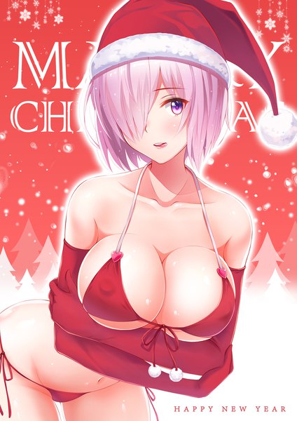 Anime picture 1415x2000 with fate (series) fate/grand order mash kyrielight ltt challenger single tall image looking at viewer blush fringe short hair breasts light erotic purple eyes cleavage purple hair hair over one eye fur trim christmas merry christmas girl