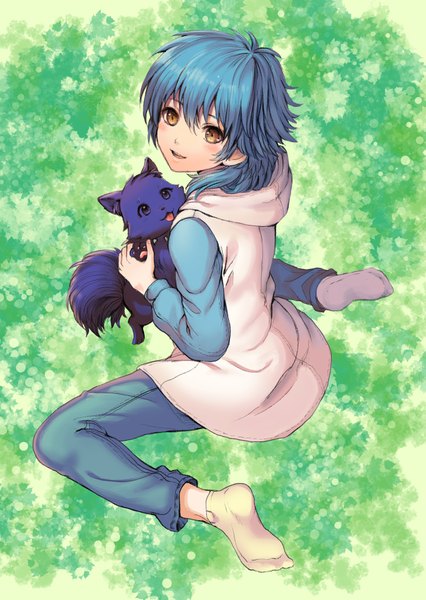 Anime picture 1396x1967 with dramatical murder nitro+chiral aoba (dmmd) ren (dmmd) jyh long hair tall image blush fringe smile hair between eyes sitting brown eyes blue hair looking away from above no shoes wariza boy plant (plants)