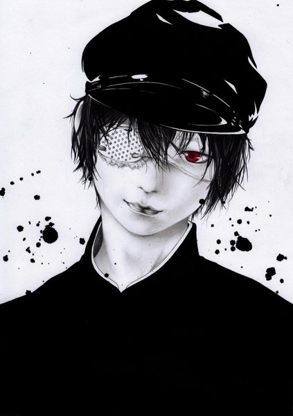 Anime picture 2848x4037 with bouno satoshi single tall image highres short hair black hair red eyes boy eyepatch peaked cap