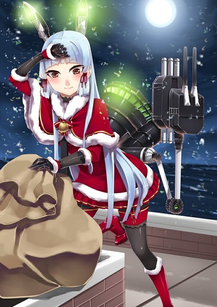 Anime picture 724x1024 with kantai collection murakumo destroyer hiememiko single long hair tall image blush fringe brown eyes blue hair blunt bangs night fur trim snowing winter tress ribbon girl gloves ribbon (ribbons) hair ribbon