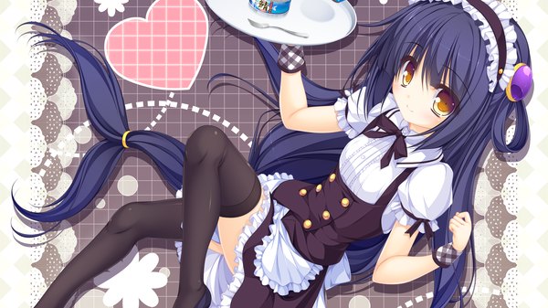 Anime picture 2560x1440 with kujiragami no tearstilla riru whale mikagami mamizu single long hair looking at viewer highres smile wide image yellow eyes blue hair maid girl thighhighs dress uniform black thighhighs headdress maid headdress