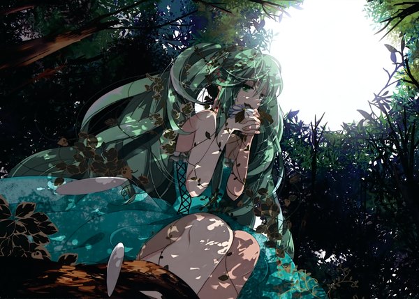 Anime picture 2935x2100 with vocaloid hatsune miku marirero a single long hair looking at viewer highres open mouth blue eyes sitting twintails bare shoulders blue hair aqua eyes sunlight aqua hair shadow girl dress flower (flowers)