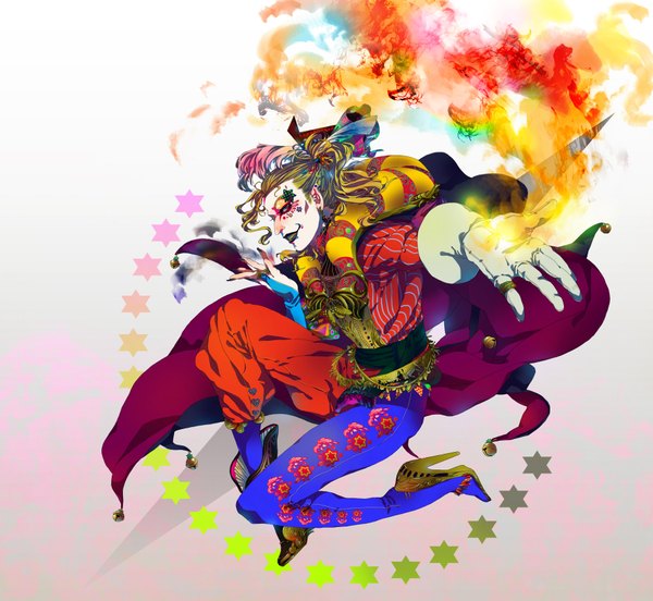 Anime picture 1890x1739 with dissidia final fantasy kefka palazzo n (pixiv) single long hair highres blonde hair smile ponytail nail polish profile facial mark face paint clown boy gloves star (symbol) bell cloak ring