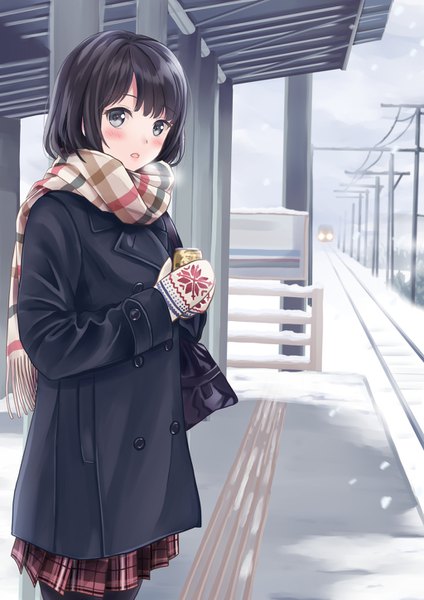 Anime picture 1024x1449 with original yukimaru217 single tall image looking at viewer blush fringe short hair open mouth black hair standing holding sky cloud (clouds) outdoors pleated skirt black eyes shadow plaid skirt snowing