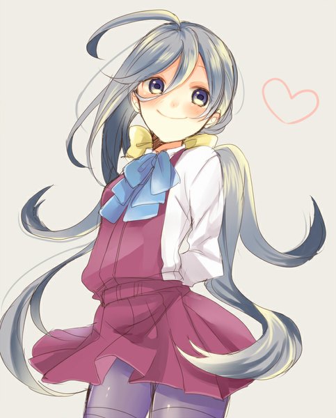 Anime picture 700x869 with kantai collection kiyoshimo destroyer sunagimomo single long hair tall image blush simple background smile hair between eyes looking away ahoge grey hair grey background grey eyes hands behind back girl uniform bow hair bow