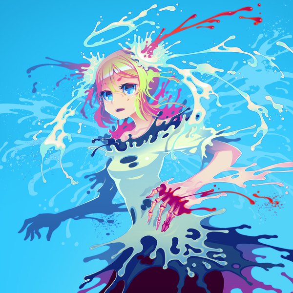 Anime picture 1000x1000 with original zounose single short hair open mouth blue eyes multicolored hair blue background abstract bone (bones) liquid clothes girl water blood splashes