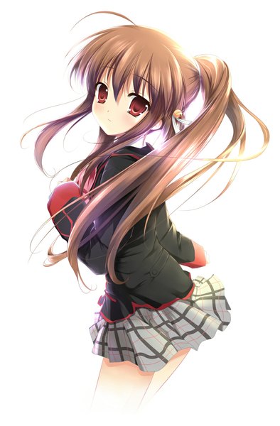 Anime picture 742x1128 with little busters! key (studio) natsume rin mycstea (mistayoh) single long hair tall image blush simple background red eyes brown hair white background ahoge pleated skirt looking back girl skirt uniform school uniform bell