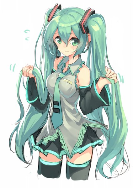Anime picture 1446x2046 with vocaloid hatsune miku hajime kaname single tall image looking at viewer blush fringe simple background white background twintails bare shoulders green eyes very long hair green hair girl thighhighs skirt ribbon (ribbons) hair ribbon