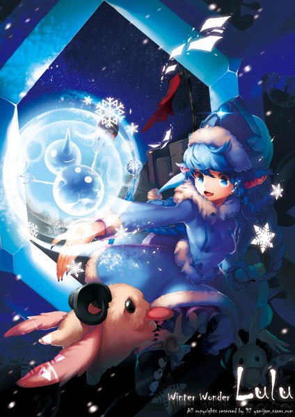 Anime picture 2480x3508 with league of legends lulu (league of legends) poro (league of legends) yamijam single long hair tall image highres open mouth blue eyes blue hair black eyes girl tongue snowflake (snowflakes) winter clothes snowman