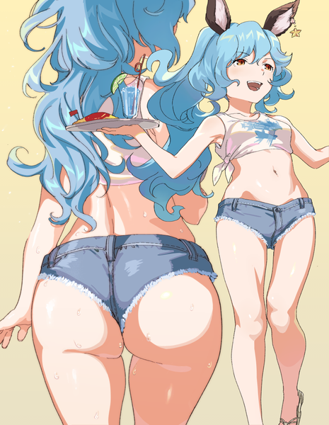 Anime picture 909x1174 with granblue fantasy ferri (granblue fantasy) sunao (souis) long hair tall image breasts open mouth light erotic simple background smile bare shoulders brown eyes animal ears blue hair looking away ass ponytail :d from behind bare legs