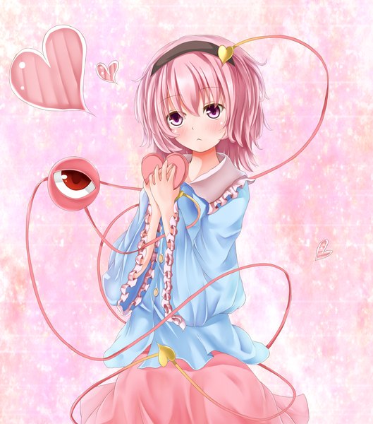 Anime picture 1446x1640 with touhou komeiji satori koruto21 single tall image blush short hair holding pink hair pink eyes pink background eyes girl dress heart hairband