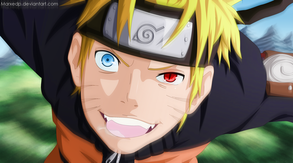 Anime picture 1000x557 with naruto studio pierrot naruto (series) uzumaki naruto marxedp single short hair blue eyes blonde hair smile red eyes wide image sky heterochromia coloring facial mark close-up mountain face whisker markings