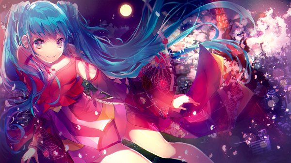 イラスト 1920x1080 と ボーカロイド 初音ミク 羽藤碧 ソロ 長髪 カメラ目線 前髪 highres 笑顔 wide image ツインテール aqua hair wide sleeves bare legs grey eyes 壁紙 floating hair lens flare city floral print