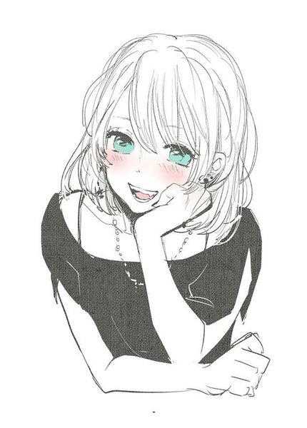 Anime picture 635x886 with original weda (artist) single tall image blush short hair open mouth simple background white background aqua eyes monochrome head rest partially colored girl earrings beads