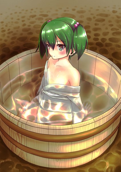 Anime picture 1013x1433 with touhou kisume usiedo akatuki single tall image blush short hair light erotic smile twintails bare shoulders green eyes japanese clothes green hair short twintails girl hair ornament water kimono hair tie