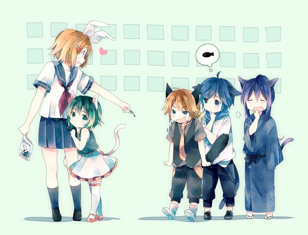 Anime picture 1100x838 with vocaloid kagamine rin kagamine len gumi kaito (vocaloid) kamui gakupo non (hey you!) short hair blue eyes blonde hair multiple girls green eyes animal ears blue hair purple hair eyes closed japanese clothes green hair cat ears multiple boys