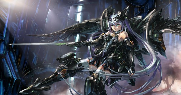 Anime picture 1542x810 with original blue+ single long hair blonde hair wide image green eyes silver hair very long hair side ponytail flying mecha musume mechanical wings girl thighhighs gloves hair ornament weapon detached sleeves white thighhighs