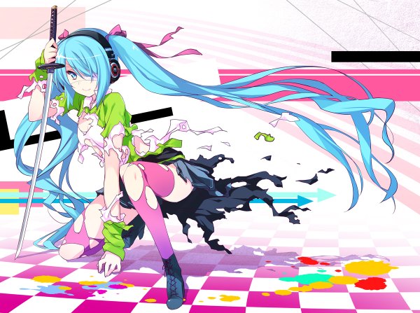 Anime picture 1200x894 with vocaloid hatsune miku 47agdragon single long hair fringe blue eyes light erotic blonde hair smile twintails very long hair hair over one eye torn clothes checkered floor floor girl thighhighs bow weapon