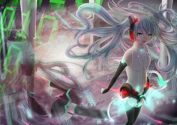 Anime picture 2480x1753 with vocaloid hatsune miku ai yoru highres open mouth twintails grey hair reflection girl thighhighs detached sleeves