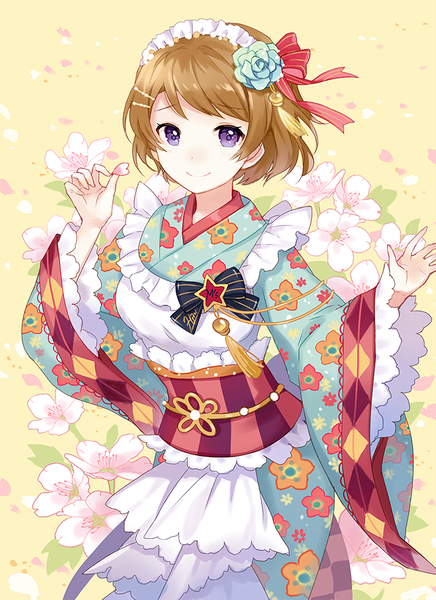 Anime picture 688x945 with love live! school idol project sunrise (studio) love live! koizumi hanayo apring single tall image looking at viewer fringe short hair smile brown hair purple eyes traditional clothes japanese clothes cherry blossoms floral print floral background wa maid girl