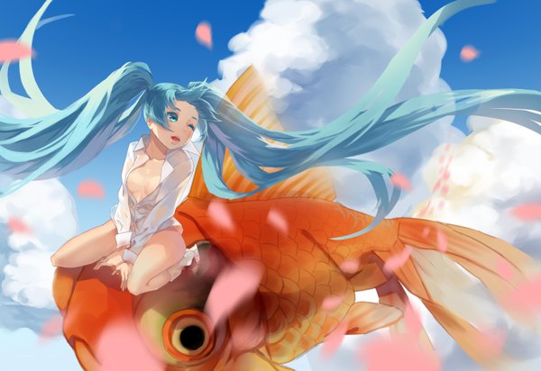 Anime picture 2952x2031 with vocaloid hatsune miku sevennine highres breasts light erotic twintails sky cloud (clouds) very long hair one eye closed aqua eyes wink aqua hair open clothes open shirt girl petals fish (fishes)